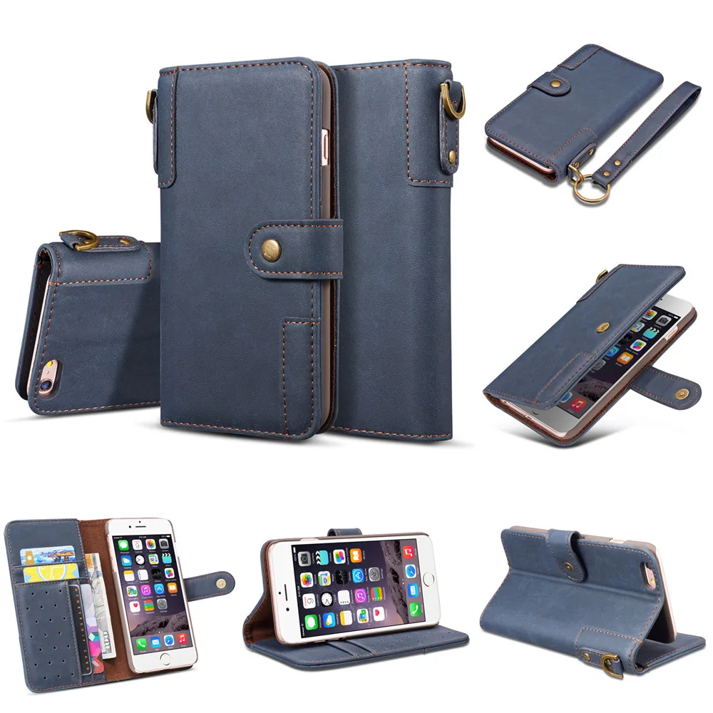 

Cowhide Genuine Leather Wallet Case For Apple iPhone 7 Plus 8 Wallet Pouch Vintage Kickstand Card Slot Holder Money Pocket Strap
