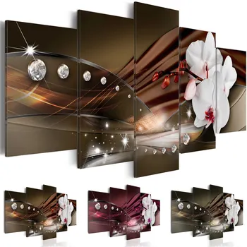 

Modern Painting Canvas 5 Panels Combinative Butterfly Orchid Fashion Home Decoration Abstract Diamond Background
