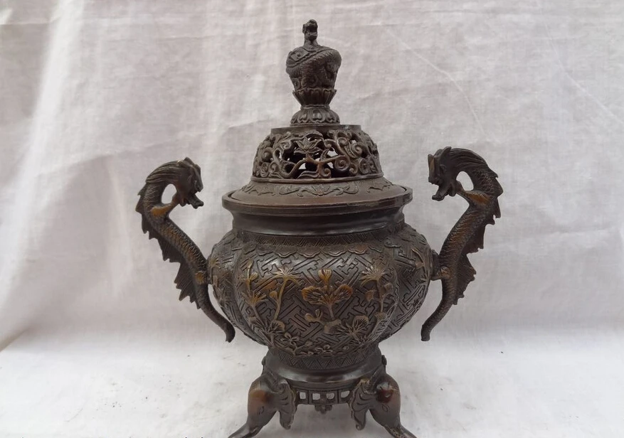 

song voge gem S5117 10" Tibet Bronze Buddhist Dragon Flower Statue Elephant Incense Burner Censer