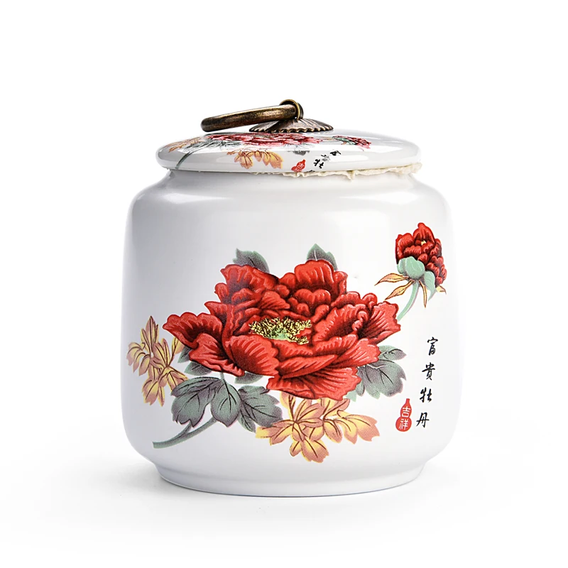 Peony Pattern Tea Coffee Sugar Storage Jars Spices Box For Kitchen White Porcelain Tea Box Small Kitchen Canister Seal Snack Can