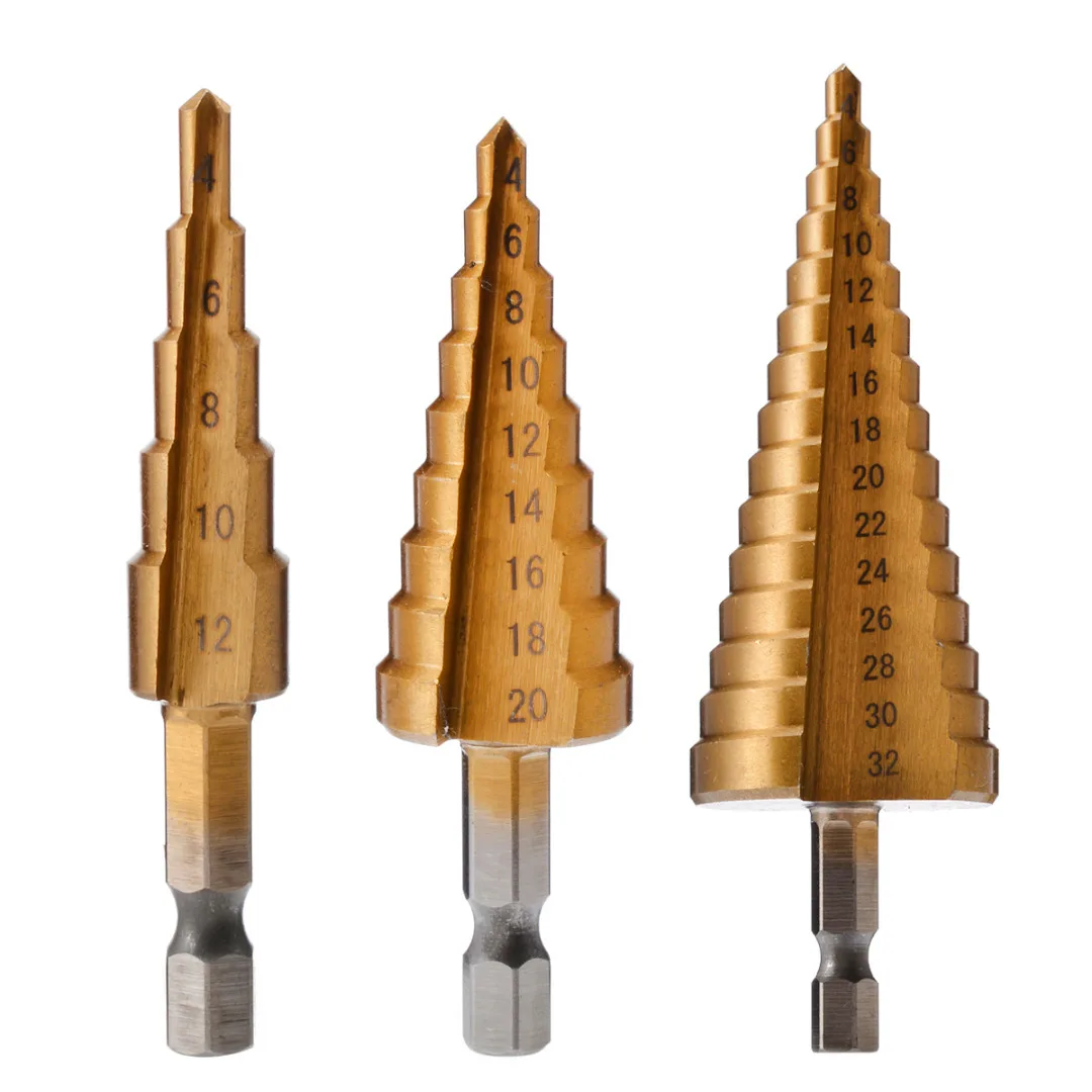 Titanium Coated Hole Cutters HSS Step Cone Drill Bits for Cutting Steel Brass Wood Plastic 4-12mm 4-20mm 4-32mm