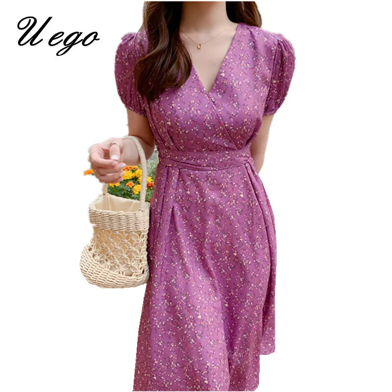 

Uego Fashion Print Floral Prairie Chic Women Summer Dress Chiffon Korea Design Slim INS Holiday Sweet Girl's Beach Casual Dress