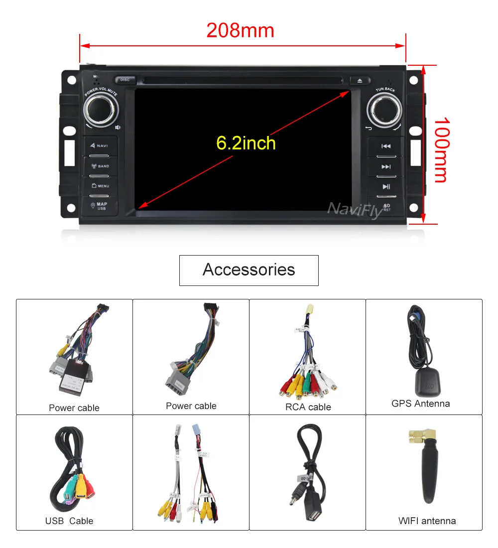 Excellent NaviFly IPS DSP 6.2" Android 9.0 Car Radio DVD Player GPS Navigation for JEEP Patriot Liberty Wrangler Compass DODGE Chrysler 7