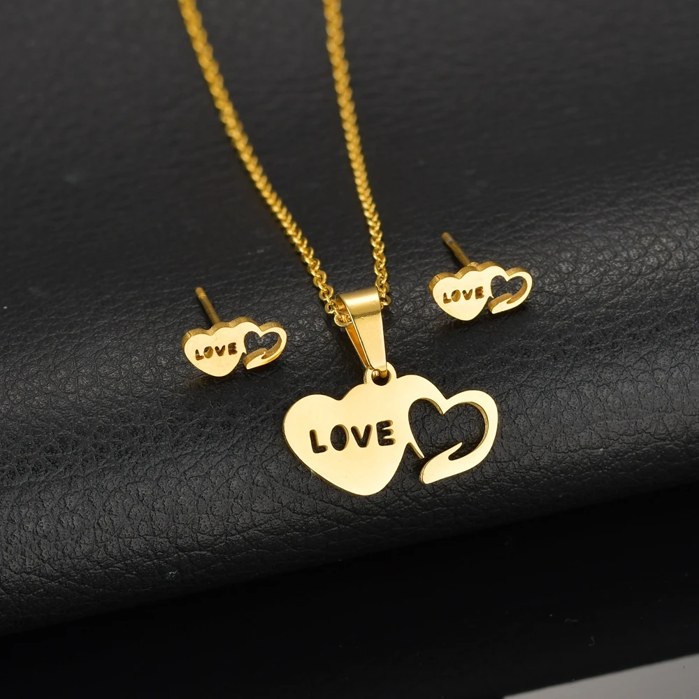 MeMolissa Stainless Steel Double Love Hearts Necklace Jewelry Set Gold Bijoux Collier Cute Stud Earrings for Women brinco | Украшения и