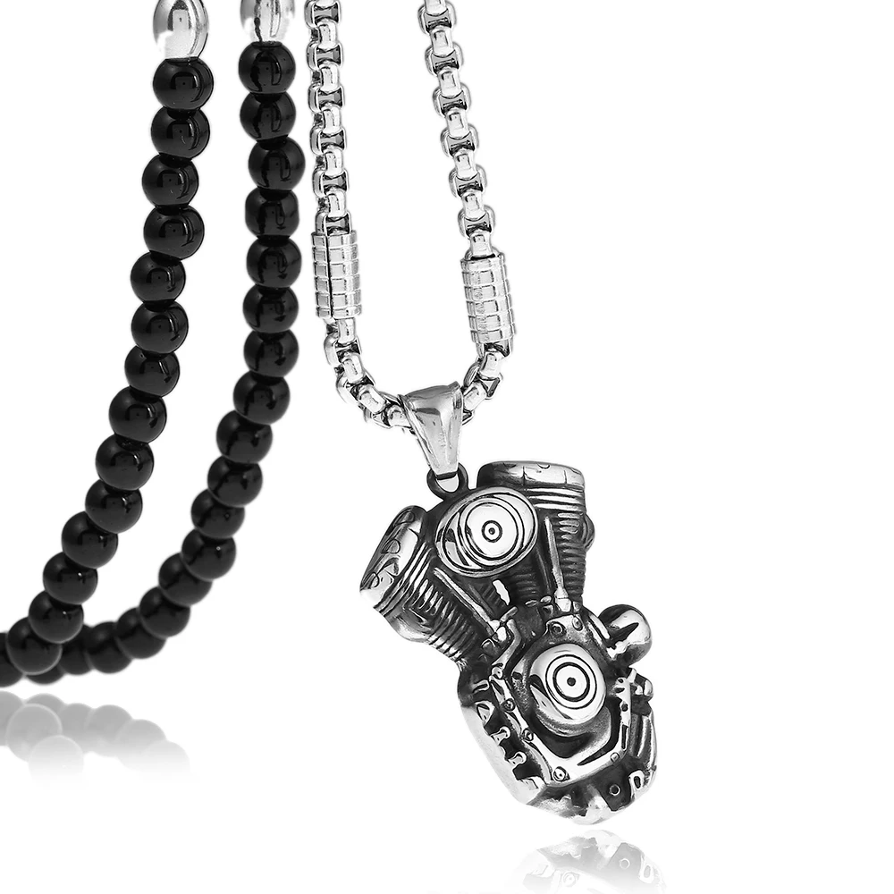 

Punk Cool Titanium Stainless Steel Motorcycle Engine Pendants Necklaces with Black Natural Stone Chain 26