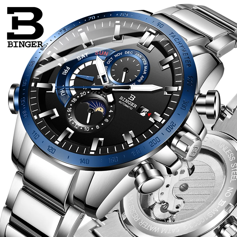Оригинальные Роскошные Брендовые мужские автоматические механические часы Бингер, светящиеся водонепроницаемые часы для бега, полностью стальной ремень, мужской модный синий циферблат