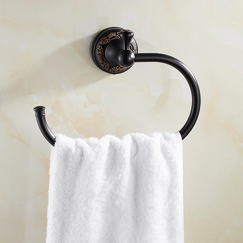 Antique Solid Brass Carved Base Towel Ring European Black Oil Brushed