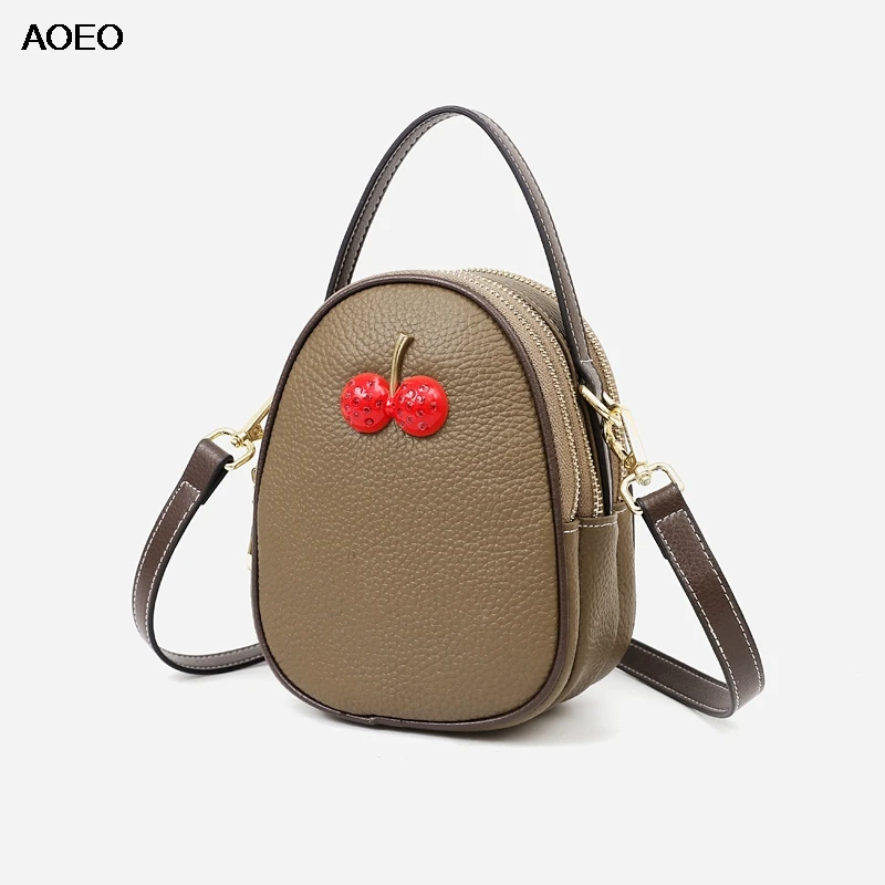 AOEO صغيرة Crossbody حقائب للنساء جلد طبيعي 3 سستة جيب لطيف الكرز سيدة يد فتاة الكتف حقيبة ساعي الإناث