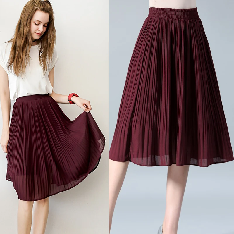 

Women Chiffon Skirt Summer Thin Solid Pleated Skirts Womens Saias Midi Faldas Vintage Women Midi Skirt