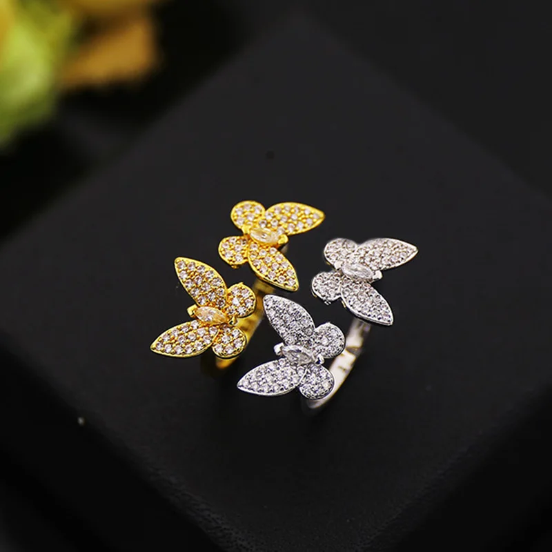

DJM AAA Quality Fashion Jewelry Luxury Silver And Gold Color Double Butterfly Full CZ Zirconia Open Rings For Women(DJ0821)