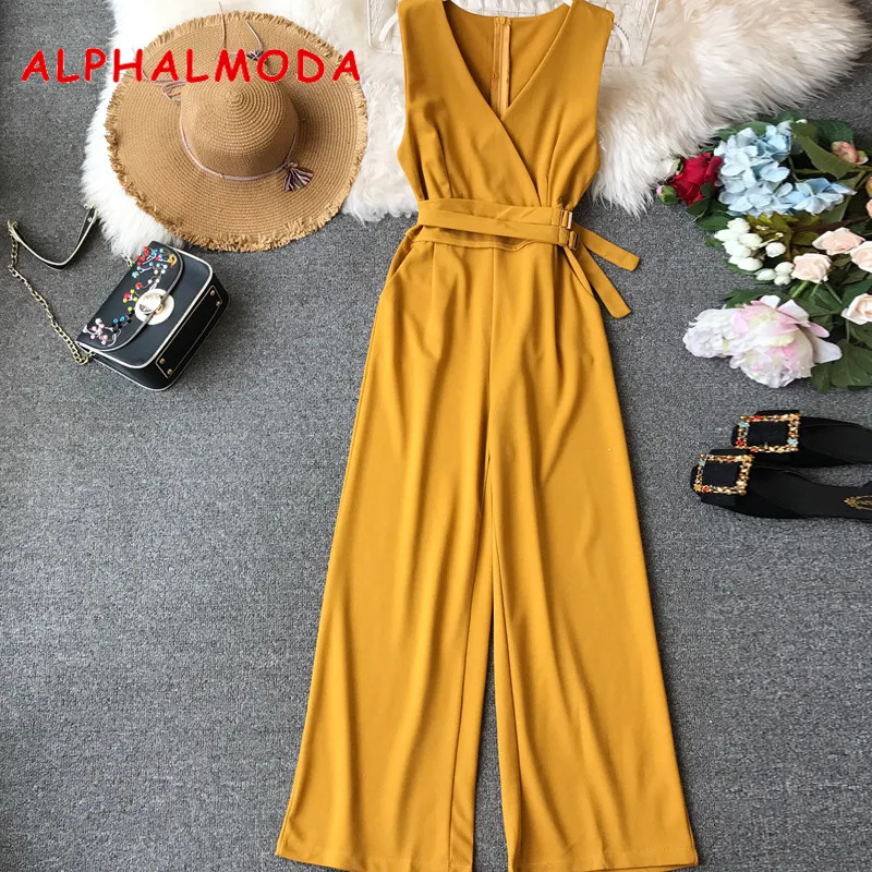 Günstig ALPHALMODA 2019 Frühling Damen Ärmellose Feste Overalls V ausschnitt Hohe Taille Schärpen Frauen Beiläufige Breite Bein Strampler