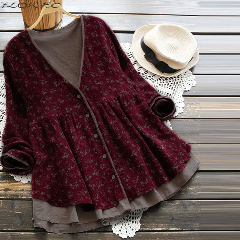  FLORHO Women Floral Blouse Vintage Lace Shirt V-Neck Female Button Cardigan Cotton Shirt Floral Top