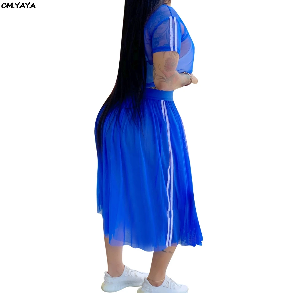 Женский летний сетчатый топ с круглым вырезом и коротким рукавом, плиссированные юбки, костюм из двух предметов, Сексуальные вечерние спортивные костюмы, 4 цвета GL3794