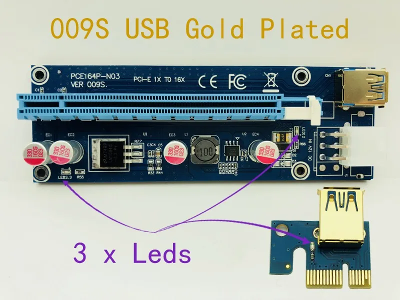 Райзер для майнинга 6 шт. 009S 3 светодиода Золотой USB 0 PCI Express 1X 4x 8x 16x карты SATA к 6pin