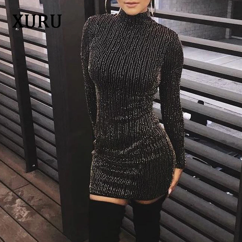 

XURU 2019 hot new women's sequin dress long-sleeved slim sexy shiny dress club party dress