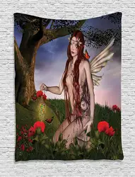 Фэнтези Гобелены рыжая фея с крыльями проведения Ловец бабочек Фонари окружении маки, настенный для Спальня