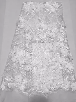

New With Beads High quality African voile tulle mesh lace for women dress,Nigerian White 3 d flowers guipure net lace fabric