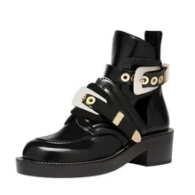 

2018 European style retro boots woman round toe square heel black ankle boots hollow buckle spring motorcycle boots hot sale