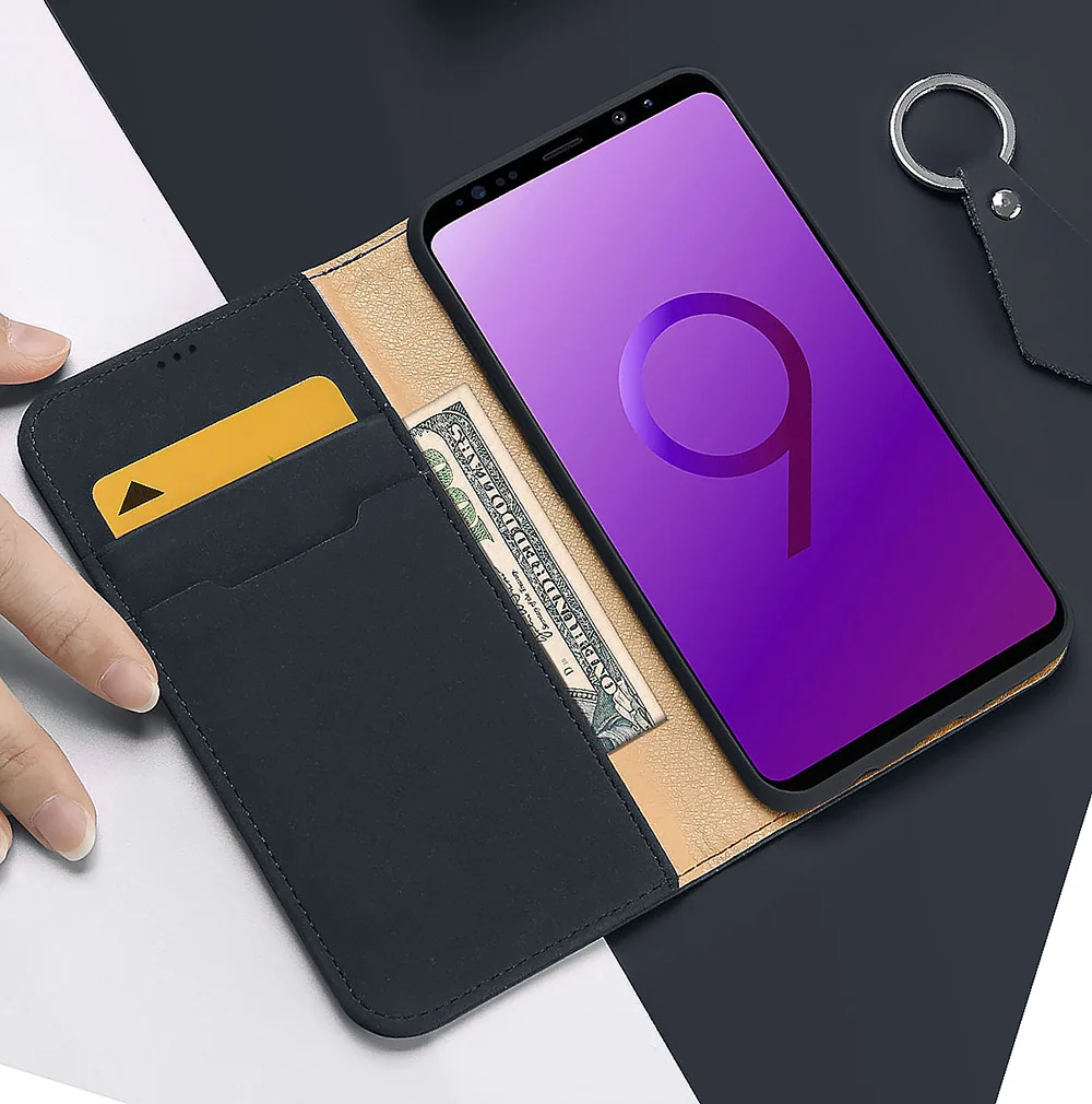 

Genuine Cowhide Leather Flip Case For Samsung S9 Plus Wallet Card Slot Holder Cover Stand Soft Bumper Protective Phone Bag
