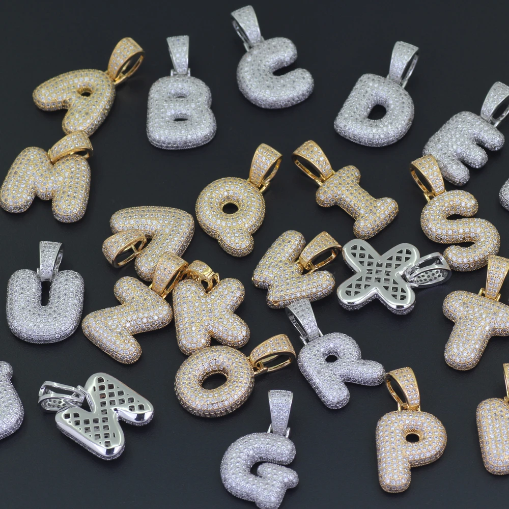 26 Bubble Letters Pendant Necklaces Gold Silver Color Cubic Zircon Hip