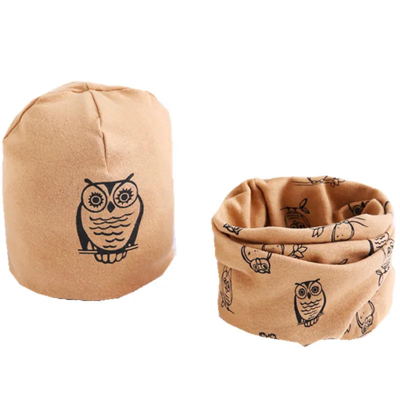 khaki owl Новые Хлопковые плюшевые шапки для девочек с шарфом Фрукты Сова-овца Звезды Львиная шапочка для мальчиков Детская шапка с шарфом и воротником Комплект хлопчатобумажной шапки для детей - Цвет: khaki owl