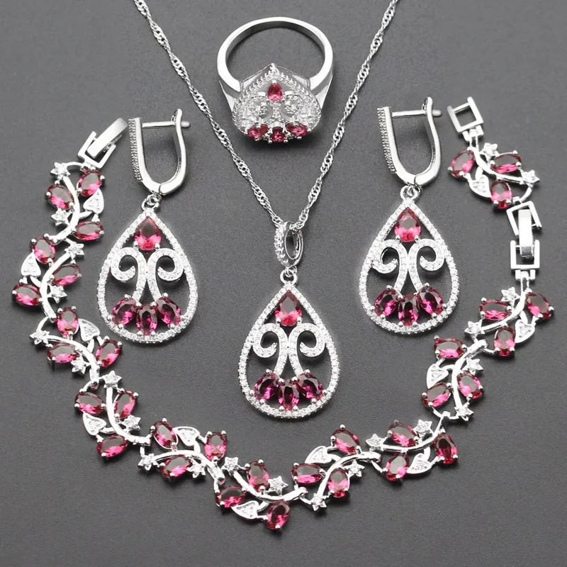 Hot Sale Rose Red Crystal Wedding Jewelry Sets For Women Silver Color