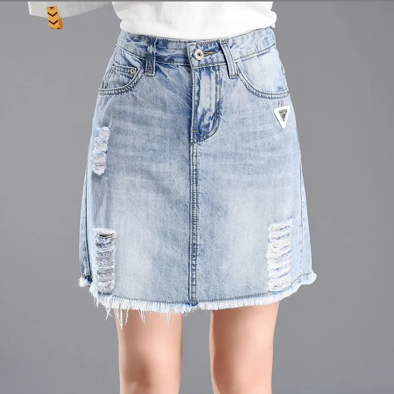 

Free Shipping 2019 New Women's Spring and summer large size Jeans skirt Girls Fashion short Burr hole denim skirt Plus Size 40