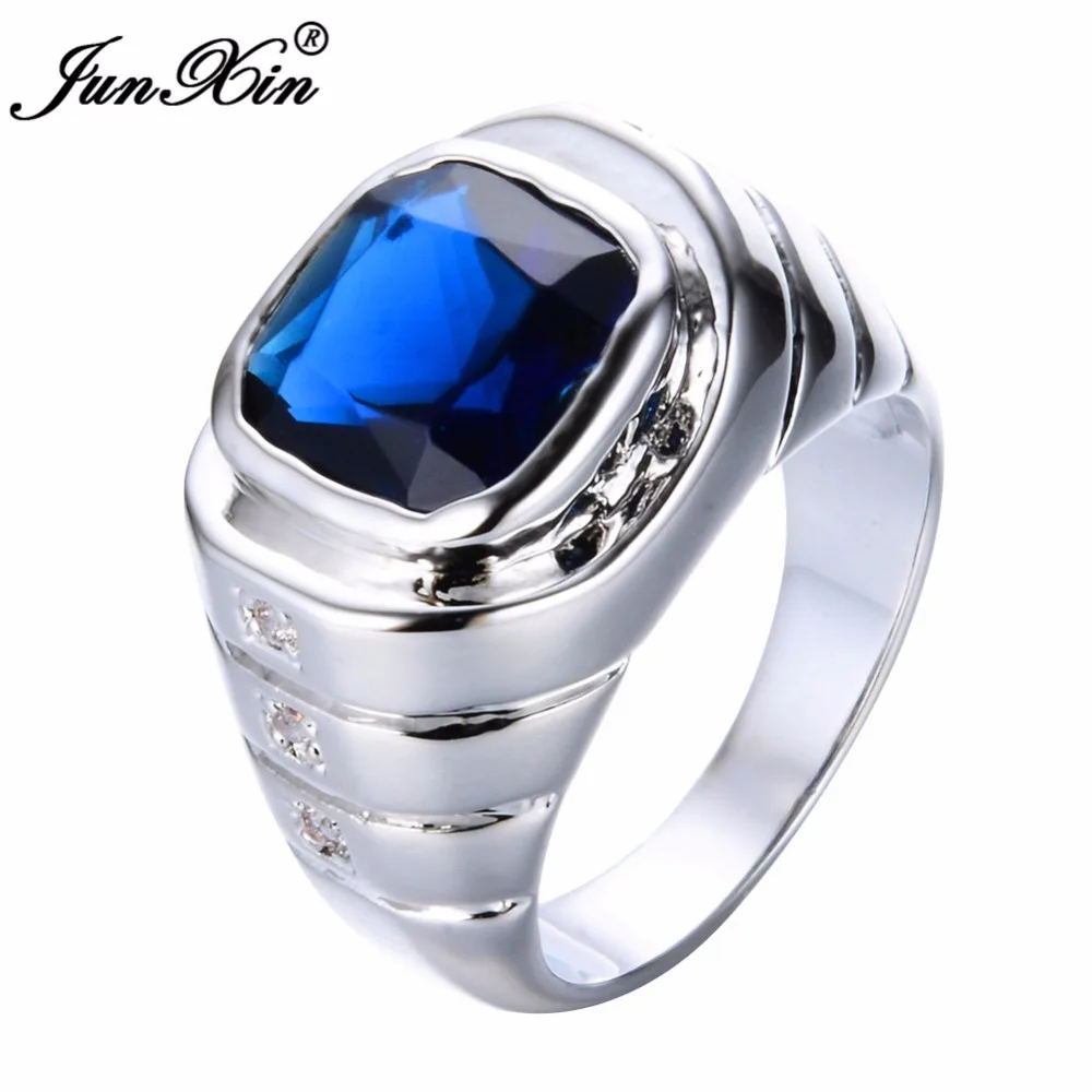 

JUNXIN Gorgeous Design Luxury Male White/Blue Finger Ring Fashion Silver Color Simple Ring Vintage Wedding Rings For Men