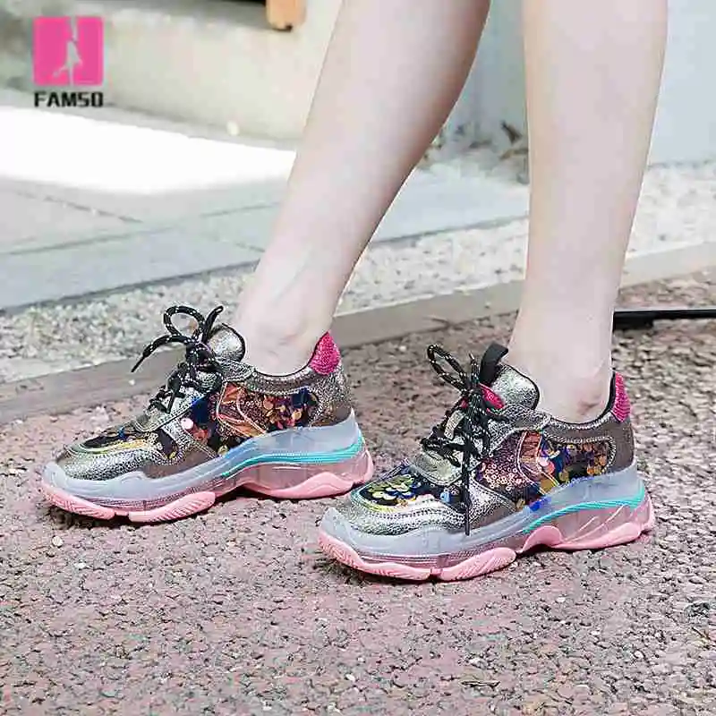 

FAMSO 2019 New Women Vulcanize Shoes Mixed Color Sheepskin Lace-up Glitter Sport Running Sneakers Four Season Walking Sneakers
