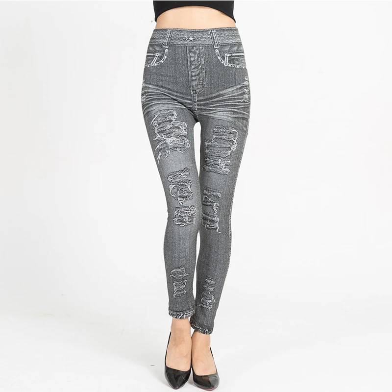

High Waist Gray Leggings Printed Jeans Leggings Women Summer Thin Slim Stretch Pencil Pants Push Up Sexy Jeggings Femme Clothes