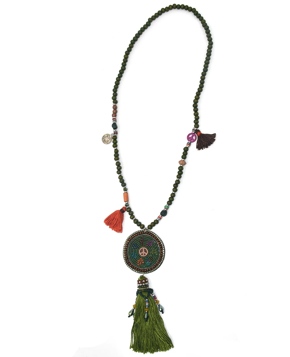 2017 New handmade Boho wooden beads chain cotton tassel pendents necklce Bohemia long fringe Olive green pendants Necklaces