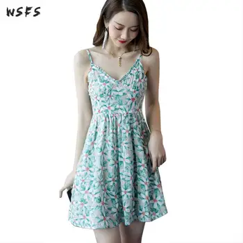 

Summer Beach Dresses Green Print Floral Vneck Spaghetti Strap Backless Womens Dress Elegant Ladies Sexy Party Aline Mini Sundess