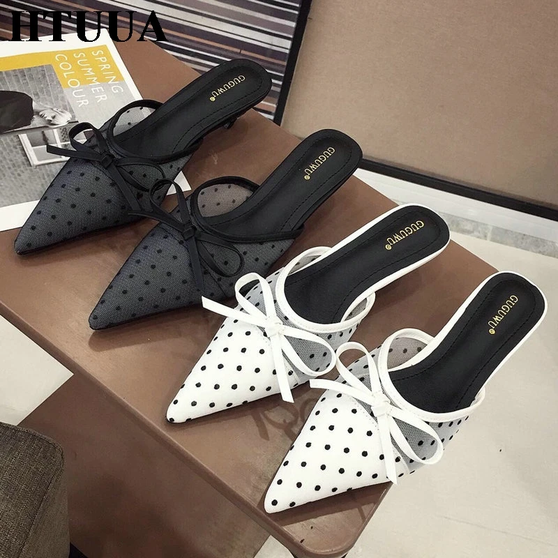 

HTUUA Autumn Summer Sexy Mesh Dot Pointed Toe Mules Shoes Women Slippers Bow Small Heels Slides Elegant Ladies Sandals SX2933