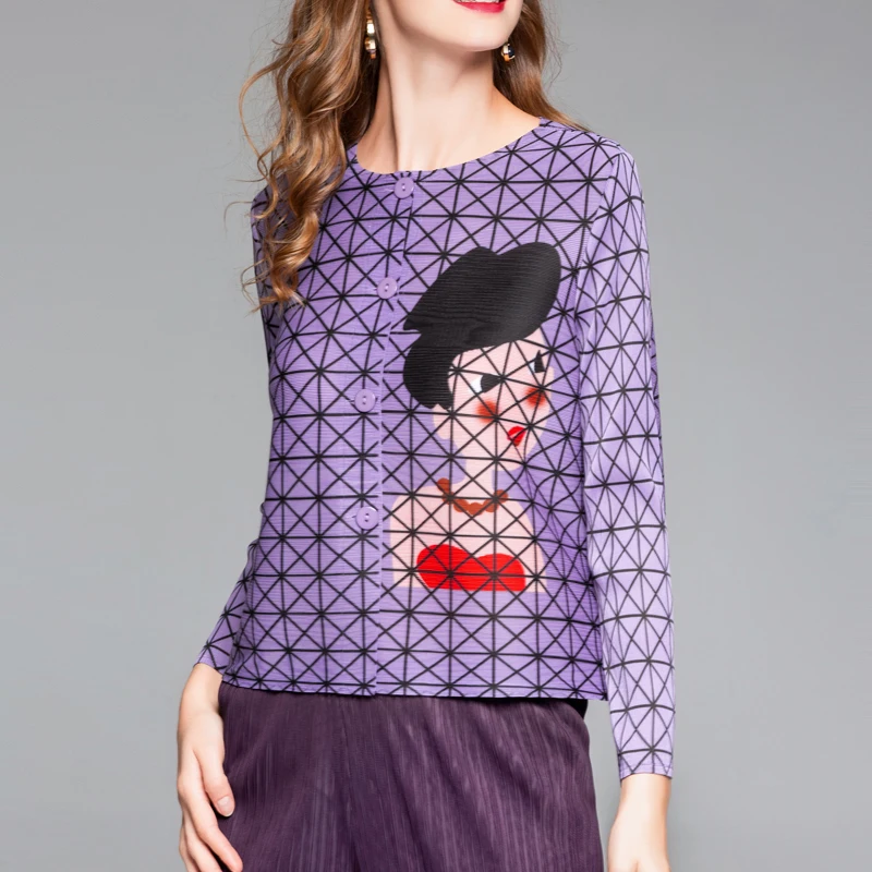 2018 Manches cou Manteau Single Marée Gamme Lâche Court Haut Plissée See Nouveau breasted see O Veste Changpleat De Miyak Mode Longues Chart Femmes Imprimé Chart dwqCC6T
