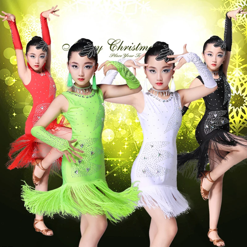 

New children's costumes girls Latin examination performance clothing stage performances diamond tassel