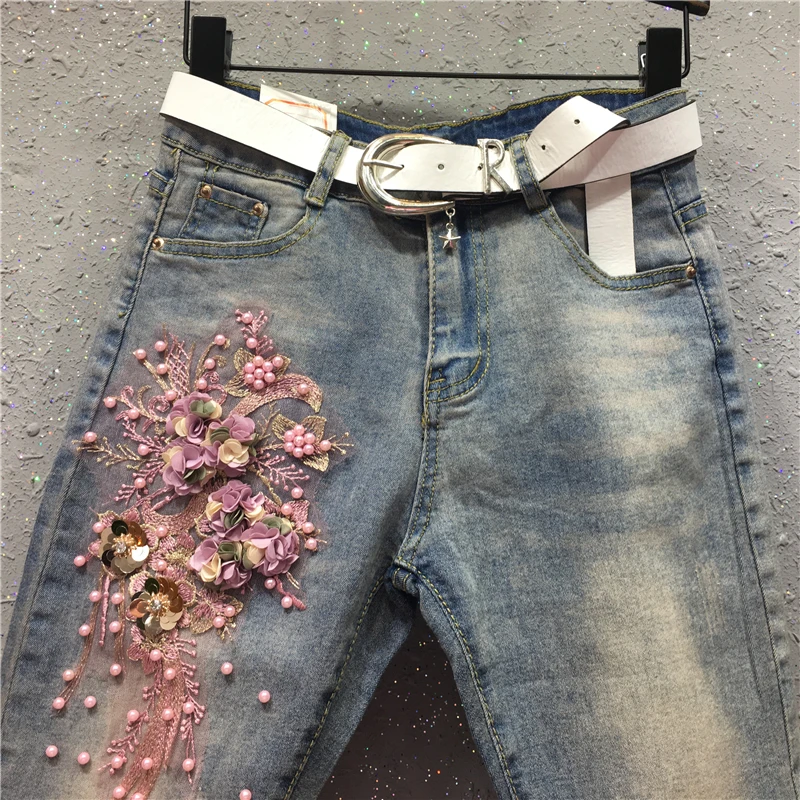 Женские джинсы-карандаш, весенние новые женские джинсы, тонкие эластичные Стрейчевые женские модные повседневные джинсы с вышивкой длиной до щиколотки