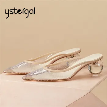 

Ystergal Transparent Ball Heel Women Slippers Pointed Toe Clear Heels Hollow Out Ladies Mules Summer Gladiator Sandals Slides