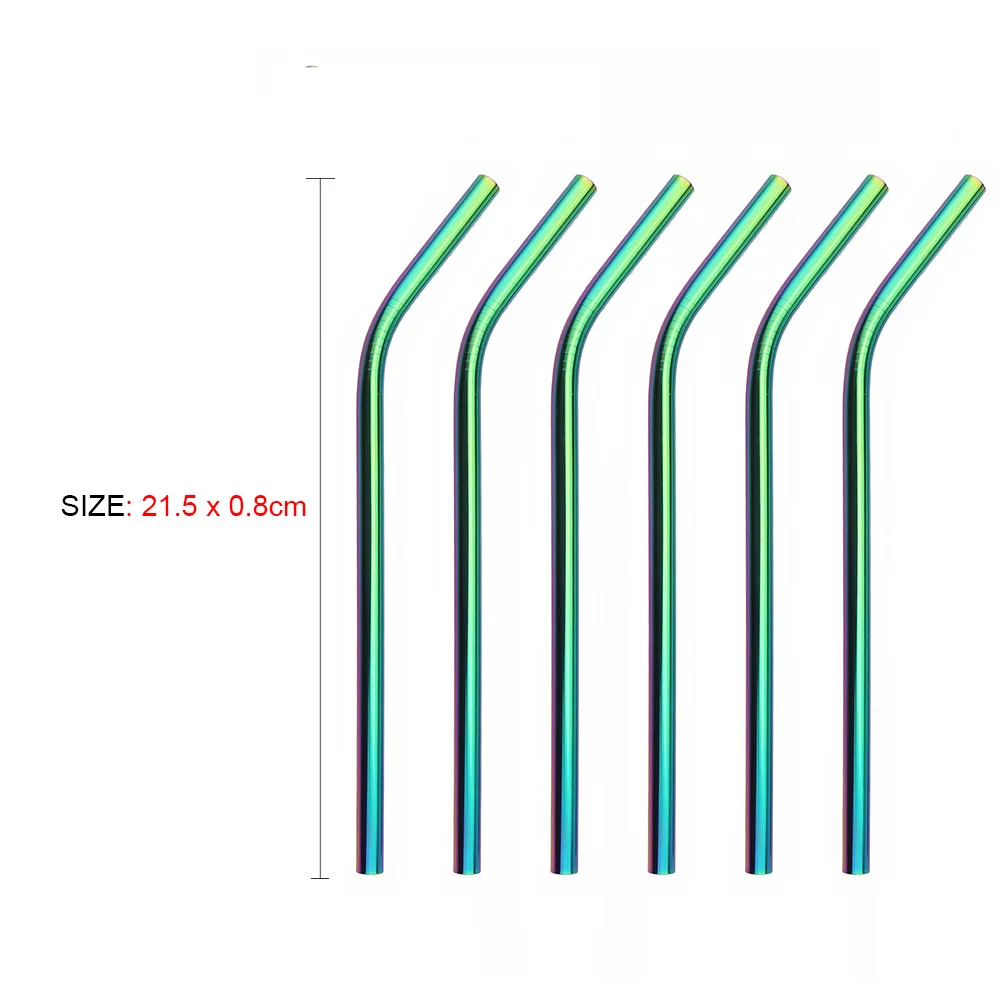 JANKNG 6 шт многоразовая солома 18 10 нержавеющая сталь 0,6 0,8 см радужные полосы с чистящей щеткой соломинки Коктейльные Вечерние - Цвет: 21.5 x 0.8 Bent