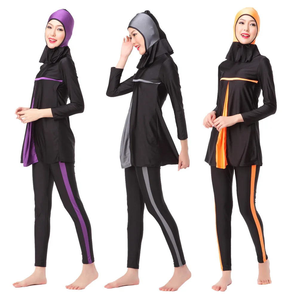 

Full Coverage Muslim Swimwear Women Beach Wear Islamic Burkinis Color Block Patchwork Hijab Swimsuit Dubai Bikini Sets VKYY1016