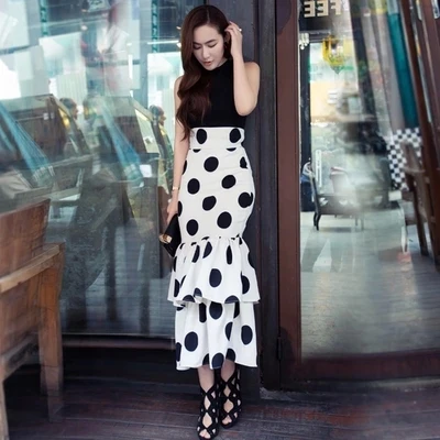 

Women Plus Size 3XS-8XL Summer Style Skirts Woman Ladies Fashion Maxi Long Polka Dot Print Runway Mermaid Fishtail Skirt Saias