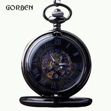 Классические Механические карманные часы с синими римскими цифрами, Подарочная коробка, карманные часы с цепочкой для мужчин relojes