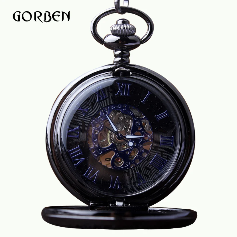 

Classic Skeleton Blue Roman Numerals Dial Mechanical Pocket Watch gift box Hand Wind Pocket Watch Fob Chain for Men relojes