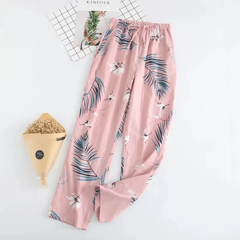 Женские штаны для сна,, марля, хлопок, цветочный принт, сетка, полоса, различные стили, штаны для сна, Мягкие штаны, домашняя одежда - Цвет: Leaves Pink