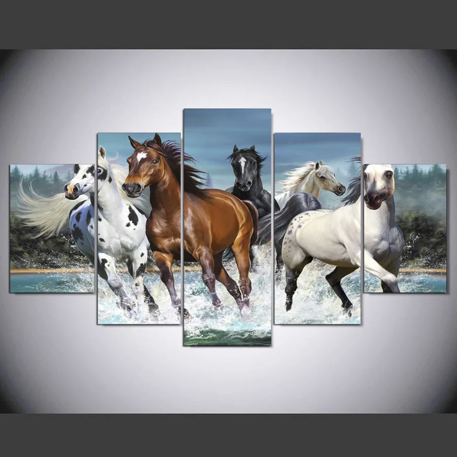 5 Pcs/Set Framed HD Printed Running Horses Animal Home Decor Poster