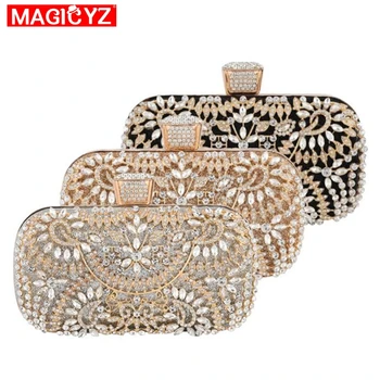 

MAGICYZ Hot brand design ladies clutch hand-made diamond flower woman's evening bag lady mobile party handbag