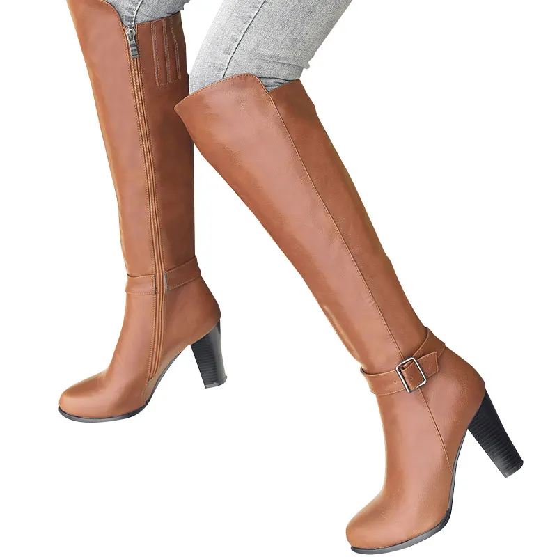 

JK 2019 High Heels Women Boots Autumn Boot Round Toe Zip Short Plush Footwear Fashion Knee High Feminine Shoes Big Size 34-43
