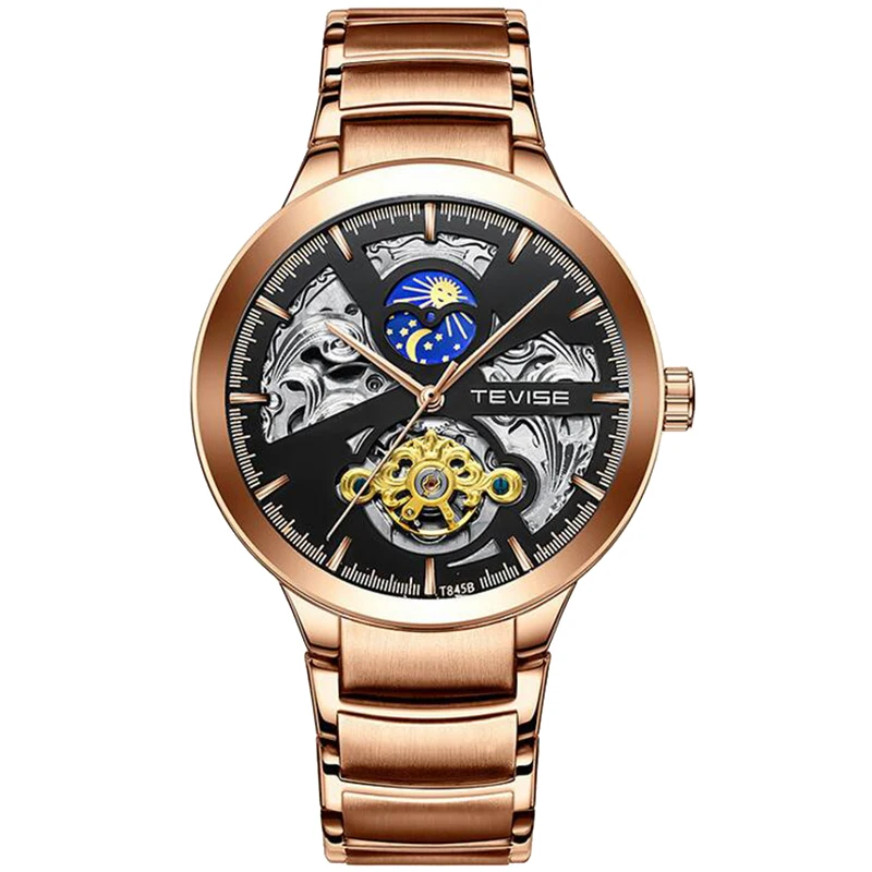 Роскошные мужские часы из нержавеющей стали, высококачественные автоматические механические часы, мужские наручные часы, деловые наручные часы - Цвет: Rose Gold  Black
