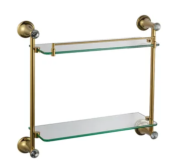 

Free shipping gold Finish BATHROOM ACCESSORIES CRYSTAL DOUBLE BATHROOM GLASS SHELVES