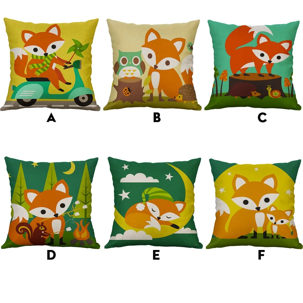 

Cartoon Fox Pillow Case Linen Lovely Printed Cushion Cover Throw Pillows Car Decorative Pillows Cover