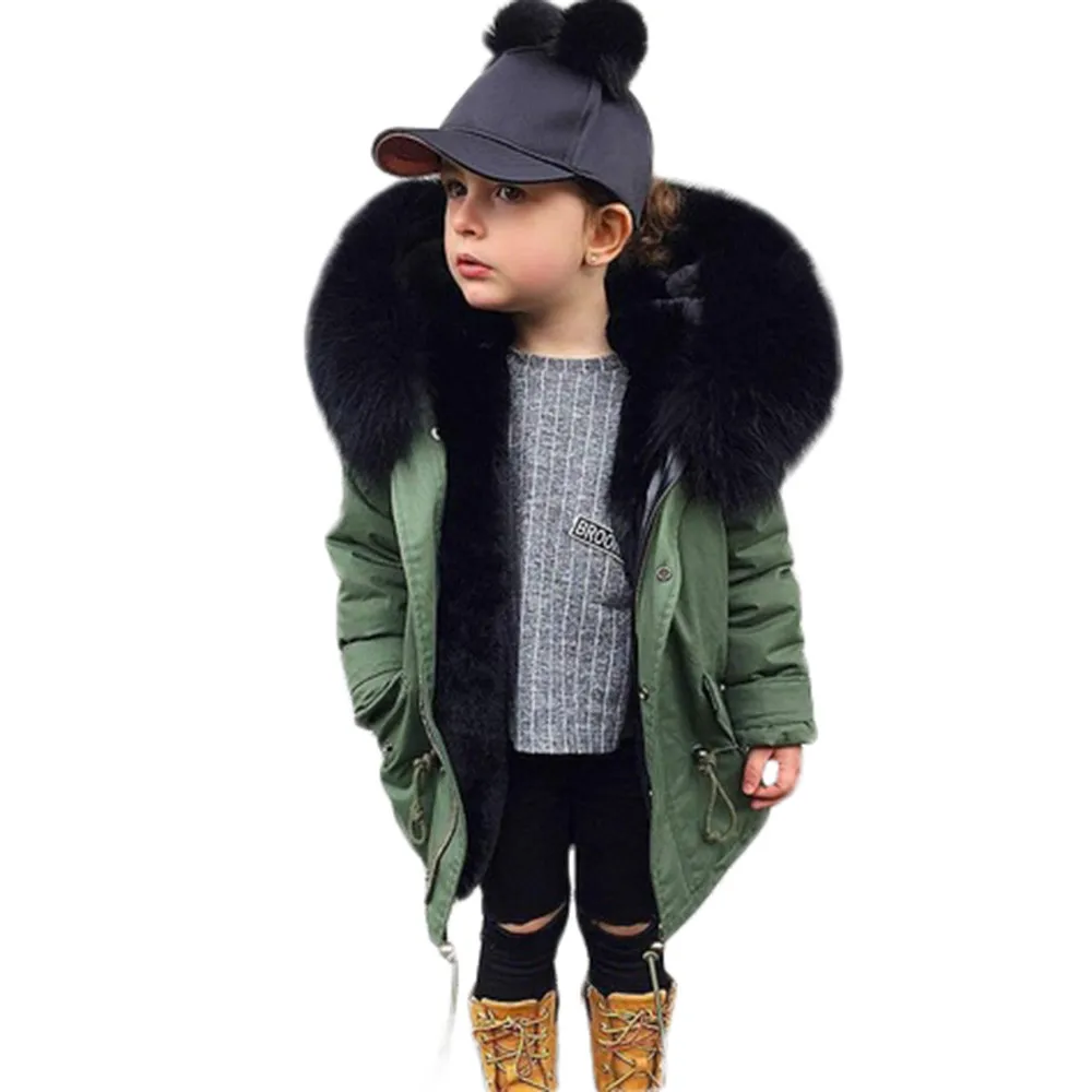 

Children Thick Cotton Hooded Jacket Warm Wear Fashion Winter Toddler Coats Long sleeve fur collar button zip windproof coat